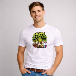 Tricou Paste Shrek Happy Easter Cos Iepuras Oua Colorate, din bumbac 100%, tricou alb, Copii | Dama | Barbat - Img 2
