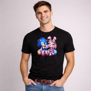 Tricou Paste Sonic Amy Iepurasi Paste Oua Colorate, din bumbac 100%, tricou negru, Copii | Dama | Barbat - Img 2