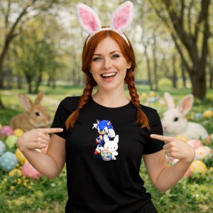 Tricou Paste Sonic Iepuras Felices Pascua Oua Colorate, din bumbac 100%, tricou negru, Copii | Dama | Barbat - Img 9