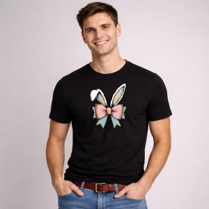 Tricou Paste Urechi Iepuras Cu Fundita Pastel Decor Cute, din bumbac 100%, tricou negru, Copii | Dama | Barbat - Img 3
