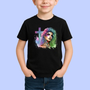 Tricou Pastel cross girl intense look, fata cu cruce pastel si privire intensa, Copii | Dama | Barbat , tricou negru - Img 2
