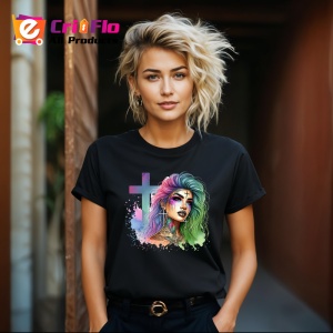 Tricou Pastel cross girl intense look, fata cu cruce pastel si privire intensa, Copii | Dama | Barbat , tricou negru - Img 8