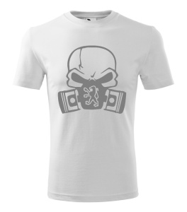 Tricou alb cu un design grafic simplu, reprezentând un craniu stilizat purtând o mască și două pistoane, imprimate în tonuri de gri
