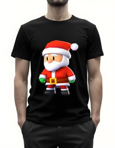 Bărbat purtând un tricou negru cu un design grafic reprezentând un Moș Crăciun simpatic, îmbrăcat în costumul său roșu clasic, cu barbă albă, centură cu cataramă aurie și mănuși verzi.