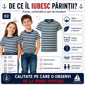 Tricou pentru Copii Marinăresc | Dungi Alb-Albastru - 805 - Img 7