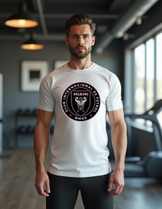Bărbat purtând un tricou negru cu sigla echipei de fotbal Inter Miami CF, reprezentată într-un cerc roz și negru, cu inscripția 'Club Internacional de Fútbol Miami MMXX' și un design stilizat cu o pasăre. Bărbatul se află într-o sală de sport, iar fundalu