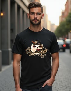 Bărbat purtând un tricou negru cu un design steampunk, reprezentând o bufniță decorativă cu o pălărie de cilindru neagră, o pană roșie și diverse elemente mecanice, înconjurată de ornamente vintage.