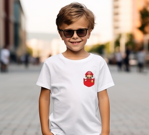 Tricou personalizat pentru copii din bumbac 100% cu imprimeu de buzunar - Mario simpatic din jocurile video - Cadou perfect pentru fanii Nintendo - Img 2