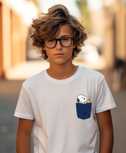 Tricou personalizat pentru copii din bumbac 100% cu imprimeu de buzunar - Snoopy și Woodstock din Peanuts - Cadou perfect pentru iubitorii de animale - Img 3