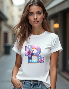 Tricou personalizat pentru dama din bumbac 100% - Butterfly - Litera B