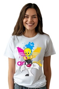 Tricou personalizat pentru damă din bumbac 100% Funny Tweety & Sylvester, cu imprimeu pentru femei, stil modern, confortabil, tricou personalizat