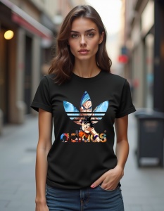 Femeie purtând un tricou negru cu un design de personaj animat suprapus peste un logo stilizat Adidas, combinând culori vibrante și elemente grafice distinctive