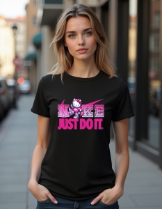 Tricou negru purtat de o femeie, decorat cu un design pe piept ce include logo-ul 'Nike' în culori roz, împreună cu sloganul 'Just Do It' într-un roz aprins. Designul este acompaniat de un personaj stilizat și swoosh-ul distinctiv al brandului în roz.