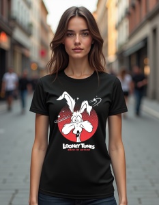 Femeie purtând un tricou negru cu un design de personaj animat cu urechi lungi, în fața unui cerc roșu stilizat, și textul 'Looney Tunes Back in Action'
