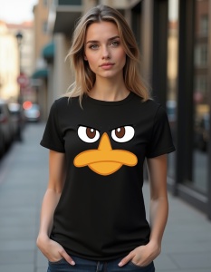 Femeie purtând un tricou negru cu un design de față animată cu ochi serioși și un cioc portocaliu