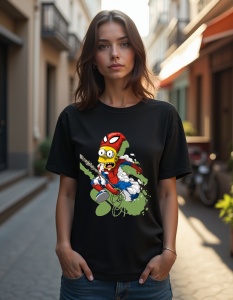 Femeie purtând un tricou negru cu un design de personaj animat îmbrăcat ca un supererou, cu mască roșie și pânză de păianjen
