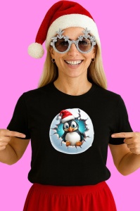 Tricou Pinguin Cu Fundal Albastru Inchis Si Privire Haioasa Craciun, din bumbac 100% Copii | Dama | Barbat - Img 3