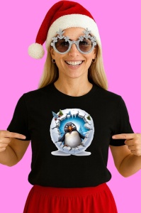 Tricou Pinguin Cu Fundal Gri Si Privire Vesela Craciun, din bumbac 100% Copii | Dama | Barbat - Img 3
