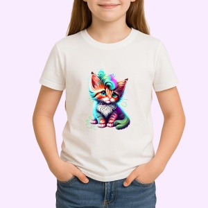 Tricou Pisica alba albastra cu detalii curcubeu si fundita Copii | Dama | Barbat - Img 3