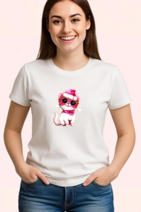 Tricou Pisica alba cu caciula si soseta rosie fundal alb Copii | Dama | Barbat - Img 3