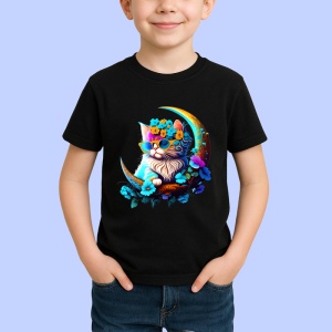 Tricou Pisica alba cu flori albastre si ochelari fundal alb Copii | Dama | Barbat, culoare negru - Img 4