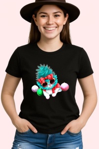 Tricou Pisica alba cu fundal albastru si fundita rosie Copii | Dama | Barbat, culoare negru - Img 3