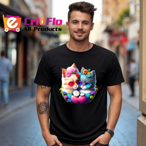 Tricou Pisica alba cu ochelari si flori mov pe luna Copii | Dama | Barbat, culoare negru