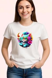 Tricou Pisica alba pe luna cu flori albastre fundal deschis Copii | Dama | Barbat - Img 3