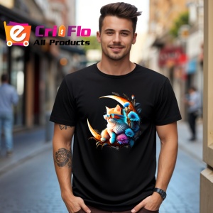 Tricou Pisica alba portocalie pe luna si flori albastre Copii | Dama | Barbat, culoare negru - Img 5