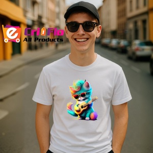Tricou Pisica albastra cu chitara galbena si ochelari mari Copii | Dama | Barbat - Img 6