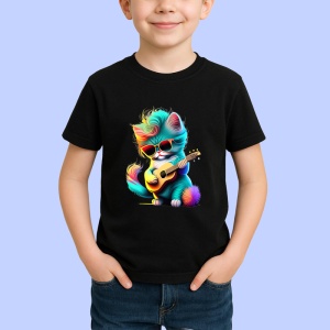 Tricou Pisica albastra cu chitara galbena si ochelari mari Copii | Dama | Barbat, culoare negru - Img 4