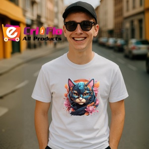 Tricou Pisica albastra cu flori roz fundal artistic Copii | Dama | Barbat - Img 6