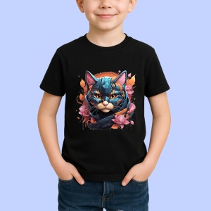 Tricou Pisica albastra cu flori roz fundal artistic Copii | Dama | Barbat, culoare negru - Img 4