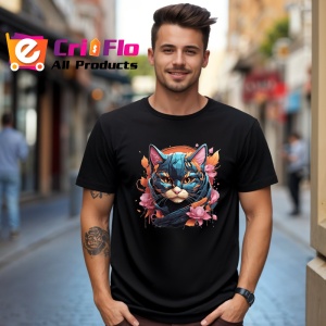 Tricou Pisica albastra cu flori roz fundal artistic Copii | Dama | Barbat, culoare negru - Img 6