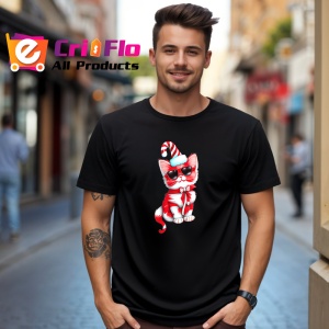 Tricou Pisica baston alb rosu si fundita uriasa Copii | Dama | Barbat, culoare negru - Img 1