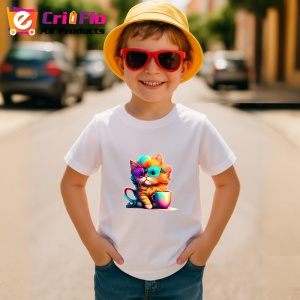 Tricou Pisica colorata cu ochelari si cana portocalie Copii | Dama | Barbat - Img 10