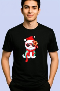Tricou Pisica Craciun cu baston rosu si esarfa cu buline Copii | Dama | Barbat, culoare negru - Img 2