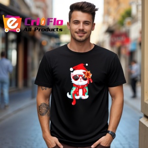 Tricou Pisica Craciun cu baston rosu si esarfa cu buline Copii | Dama | Barbat, culoare negru - Img 5