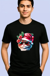 Tricou Pisica Craciun cu floare rosie si ochelari fundal alb Copii | Dama | Barbat, culoare negru - Img 2