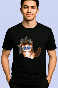Tricou Pisica Craciun cu ochelari si coada pufoasa Copii | Dama | Barbat, culoare negru - Img 2