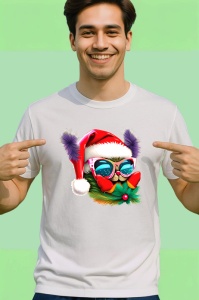 Tricou Pisica Craciun cu ochelari si fundal alb pur Copii | Dama | Barbat - Img 2