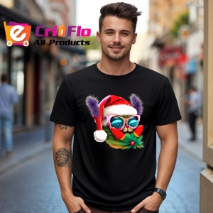 Tricou Pisica Craciun cu ochelari si fundal alb pur Copii | Dama | Barbat, culoare negru - Img 6