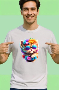Tricou Pisica cu blana galbena si ochelari flori mov Copii | Dama | Barbat - Img 2