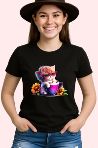 Tricou Pisica cu floare in par si cana violet cu floarea soarelui Copii | Dama | Barbat, culoare negru - Img 3