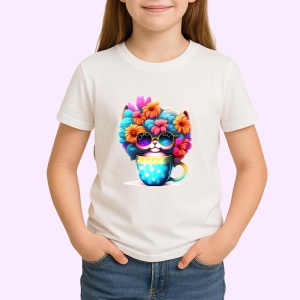Tricou Pisica cu flori in par si cana cu buline fundal alb Copii | Dama | Barbat - Img 4