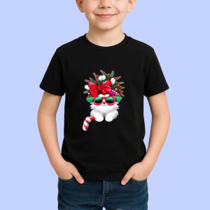 Tricou Pisica cu fundal brad si fundita mare rosie Copii | Dama | Barbat, culoare negru - Img 4