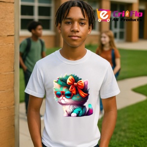 Tricou Pisica cu fundita rosie si blana curcubeu Copii | Dama | Barbat - Img 5