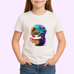 Tricou Pisica cu ochelari mari si cana cu aburi aurii Copii | Dama | Barbat - Img 4