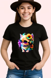 Tricou Pisica cu ochelari si casti turcoaz fundal alb Copii | Dama | Barbat, culoare negru