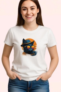 Tricou Pisica cu palarie si ochelari fundal portocaliu Copii | Dama | Barbat
